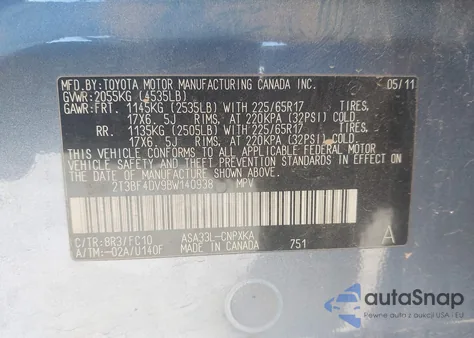 2011 Toyota Rav4 из США, поврежденный, VIN 2T3BF4DV9BW140938